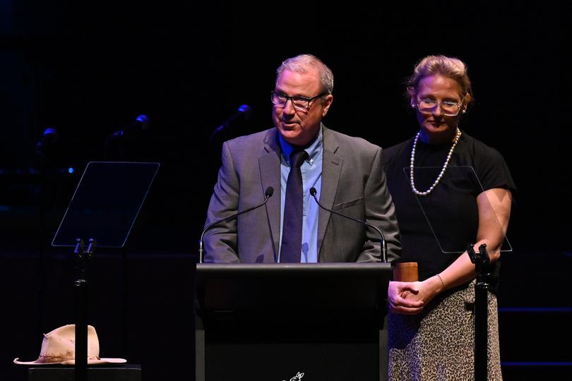 Haydn Sale (left) speaks during a State Memorial Service for Harold Mitchell AC at Hamer Hall, in Melbourne, Monday, May 13, 2024. Advertising veteran and philanthropistÊHaroldÊMitchell died aged 81. (AAP Image/James Ross) NO ARCHIVING