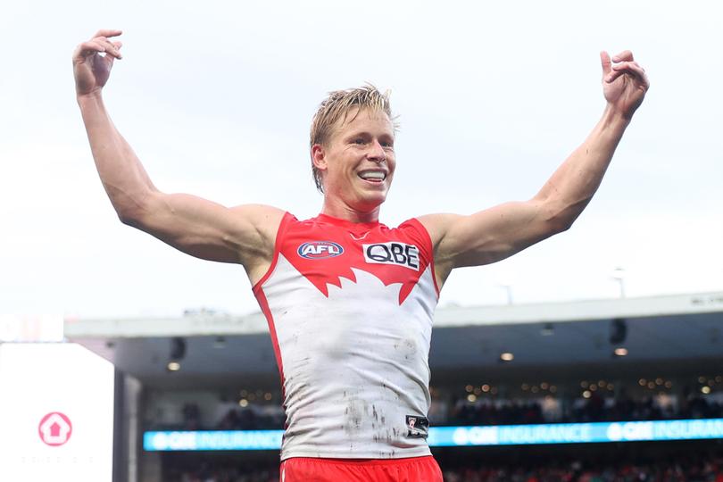 SYDNEY, AUSTRALIA - MAY 04: Isaac Heeney of the Swans celebrates kicking a goal during the round eight AFL match between Sydney Swans and Greater Western Sydney Giants at SCG, on May 04, 2024, in Sydney, Australia. (Photo by Mark Metcalfe/AFL Photos/via Getty Images )