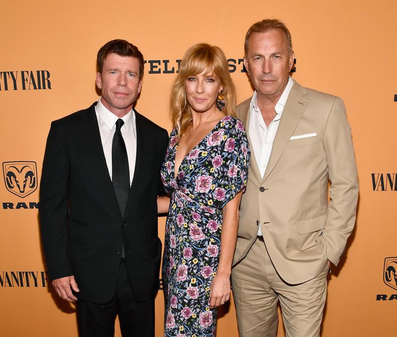 LOS ANGELES, CA - JUNE 11:  (L-R) Taylor Sheridan, Kelly Reilly and Kevin Costner attend "Yellowstone" premiere at Paramount Pictures on June 11, 2018 in Los Angeles, California.