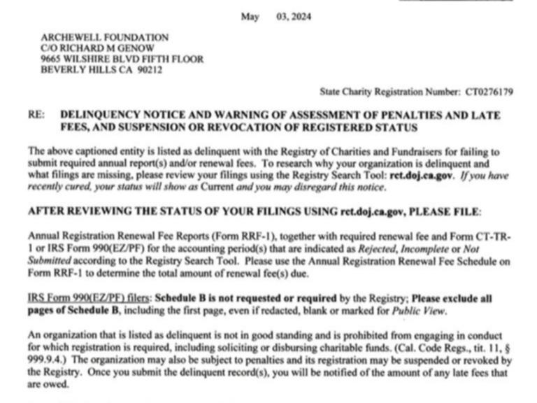 The Archewell Foundation, set up by Prince Harry and Meghan Markle, was sent a Delinquency Notice by California Attorney General Rob Bonta.