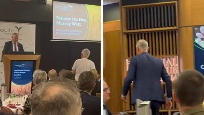 Angry farming sector leaders have stormed out on Agriculture Minister Murray Watt’s post-Budget speech in protest at the shutdown of the live sheep trade.