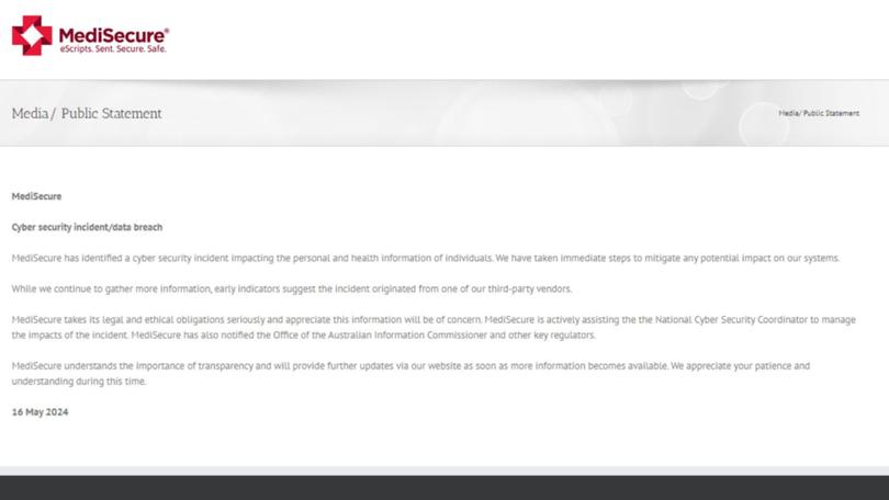 eScript provider MediSecure has confirmed it was the victim of a "cyber security incident".