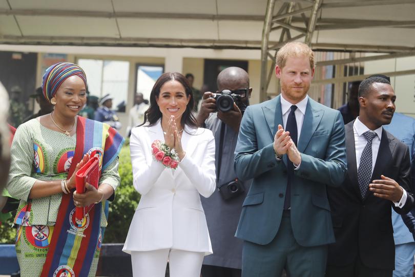 ABUJA, NIGERIA - MAY 10: (EDITORIAL USE ONLY) Prince Harry, Duke of Sussex and Meghan, Duchess of Sussex meet with the Chief of Defence Staff of Nigeria at the Defence Headquarters in Abuja on May 10, 2024 in Abuja, Nigeria. (Photo by Andrew Esiebo/Getty Images for The Archewell Foundation)