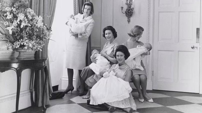 This photograph, taken by Lord Snowdon, shows Queen Elizabeth II, Princess Margaret , Princess Alexandra and the Duchess of Kent holding their newborn babies in 1964.