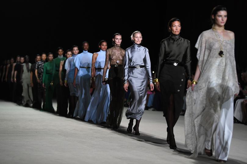 SYDNEY, AUSTRALIA - MAY 13: Models walk the runway during the Carla Zampatti Presented by Porsche show during Australian Fashion Week Presented By Pandora 2024 at Carriageworks on May 13, 2024 in Sydney, Australia. (Photo by Wendell Teodoro/Getty Images for AFW)