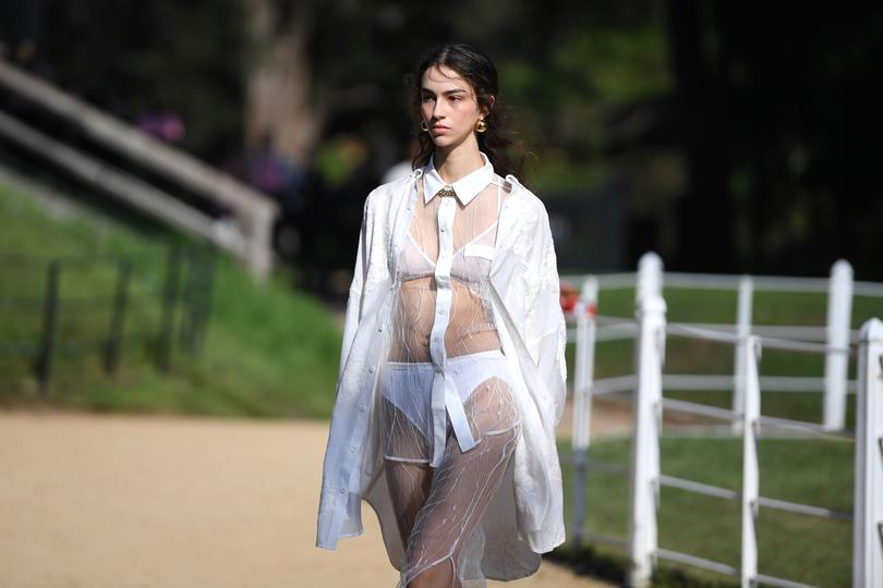 SYDNEY, AUSTRALIA - MAY 16: A model walks the runway during the Blanca show during Australian Fashion Week Presented By Pandora 2024 at Vaucluse House on May 16, 2024 in Sydney, Australia. (Photo by Wendell Teodoro/Getty Images for AFW)