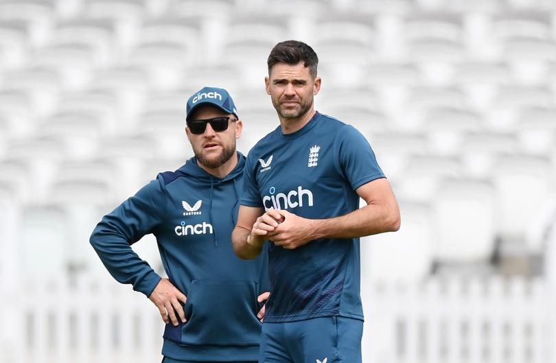 England coach Brendon McCullum and retiring seamer Jimmy Anderson.