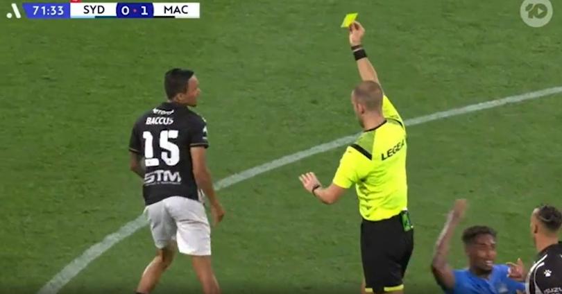 Kearyn Baccus picks up a yellow card during Macarthur's match against Sydney FC on December 9, 2023.