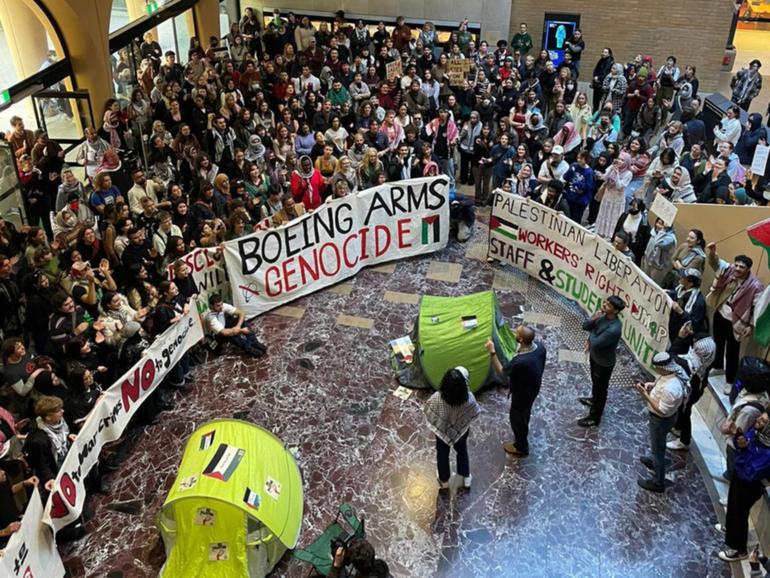 More than 100 students took over the Arts West building at the University of Melbourne in a dramatic sit-in on Wednesday afternoon (May 15).