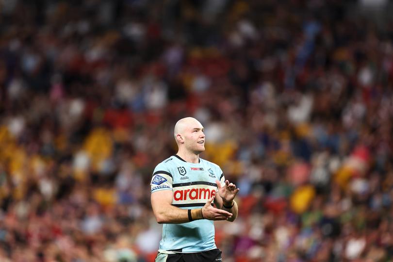 BRISBANE, AUSTRALIA - MAY 18: Tom Hazelton of the Sharks looks on during the round 11 NRL match between Cronulla Sharks and Sydney Roosters at Suncorp Stadium, on May 18, 2024, in Brisbane, Australia. (Photo by Hannah Peters/Getty Images)