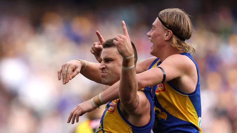 Elliot Yeo, celebrating with young gun Harley Reid during the Eagles’ match against Richmond.