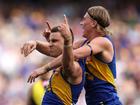 Elliot Yeo, celebrating with young gun Harley Reid during the Eagles’ match against Richmond.