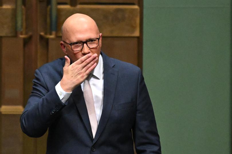 Australian Opposition Leader Peter Dutton acknowledges the public galleries after delivering his 2024-25 Budget Reply speech in the House of Representatives, Parliament House in Canberra, Thursday, May 16, 2024. (AAP Image/Lukas Coch) NO ARCHIVING