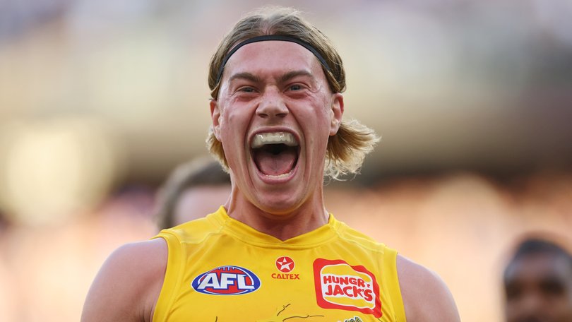 Harley Reid celebrates during the Eagles’ win over Melbourne.