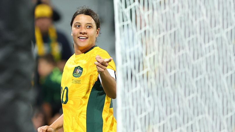 PERTH, AUSTRALIA - OCTOBER 26: Sam Kerr of the Matildas celebrates her goal during the AFC Women's Asian Olympic Qualifier match between Australia Matildas and IR Iran at HBF Park on October 26, 2023 in Perth, Australia. (Photo by James Worsfold/Getty Images)