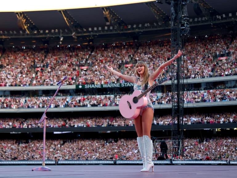 MELBOURNE, AUSTRALIA - FEBRUARY 16: EDITORIAL USE ONLY. NO BOOK COVERS Taylor Swift performs at Melbourne Cricket Ground on February 16, 2024 in Melbourne, Australia. (Photo by Graham Denholm/TAS24/Getty Images for TAS Rights Management)