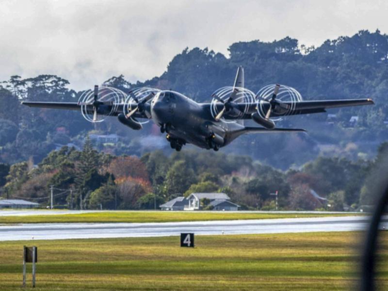 A RNZAF Hercules C-130 takes off from Whenuapai airbase near Auckland