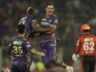 Mitchell Starc celebrates the dismissal of Travis Head (62) for a second-ball duck in the IPL