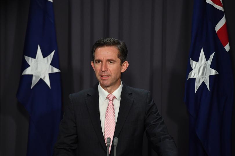 Minister for Trade Simon Birmingham at a press conference at Parliament House in Canberra, Wednesday, December 16, 2020. (AAP Image/Mick Tsikas) NO ARCHIVING