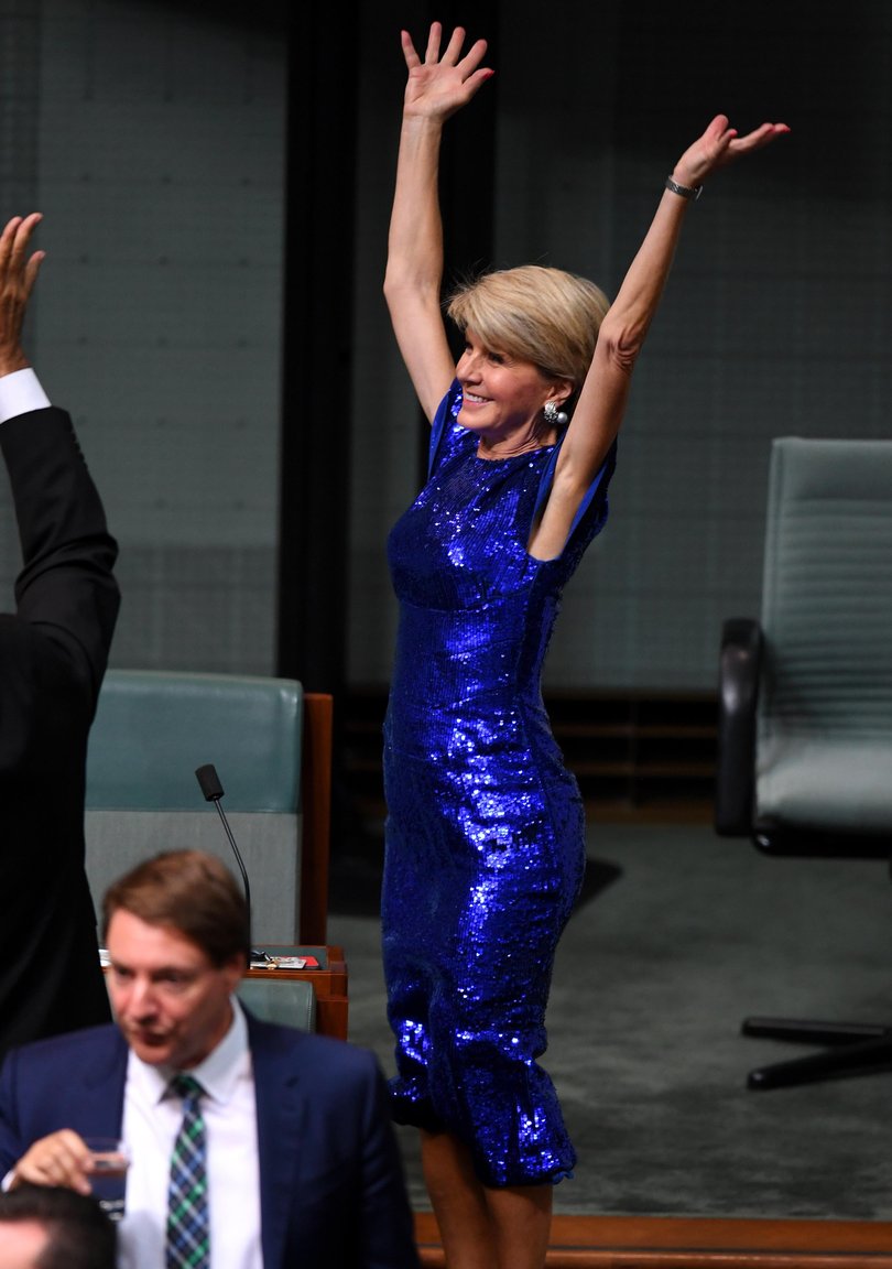 Former foreign minister Julie Bishop reacts ahead of Treasurer Josh Frydenberg handing down his first Federal Budget in the House of Representatives at Parliament House in Canberra, Tuesday, 2 April 2019. (AAP Image/Lukas Coch) NO ARCHIVING