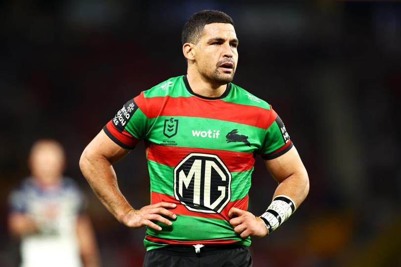 BRISBANE, AUSTRALIA - MAY 18: Cody Walker of the Rabbitohs looks dejected during the round 11 NRL match between South Sydney Rabbitohs and North Queensland Cowboys at Suncorp Stadium, on May 18, 2024, in Brisbane, Australia. (Photo by Chris Hyde/Getty Images)