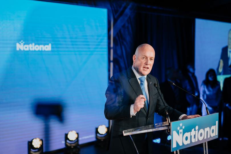 Prime Minister-elect Christopher Luxon speaks to supporters during the National Party reception at Shed 10 in Auckland, New Zealand, Saturday, October 14, 2023. Chris Luxon will become New Zealand's next prime minister as his centre-right National party wins the country's election. (AAP Image/Dom Thomas) NO ARCHIVING, EDITORIAL USE ONLY