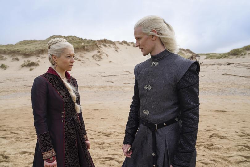 This image released by HBO shows Emma D'Arcy as Princess Rhaenyra Targaryen, left, and Matt Smith as Prince Daemon Targaryen from "House of the Dragon," the prequel to "Game of Thrones." (Ollie Upton/HBO via AP)