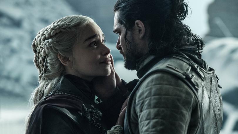 Emilia Clarke as Daenerys Targaryen and Kit Harington as Jon Snow in Game of Thrones.  
