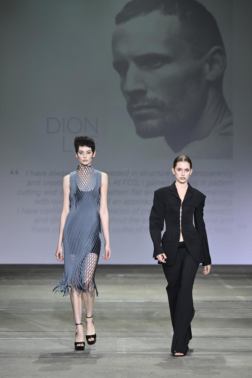 A model walks the runway wearing a design by Dion Lee during during Australian Fashion Week.