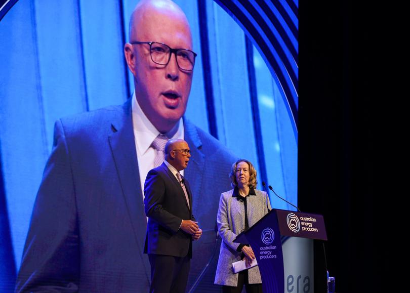 Opposition leader Peter Dutton speaks with Meg O'Neill Chair of Australian Energy at the Australian Energy Producers Conference & Exhibition at Perth Convention & Exhibition Centre