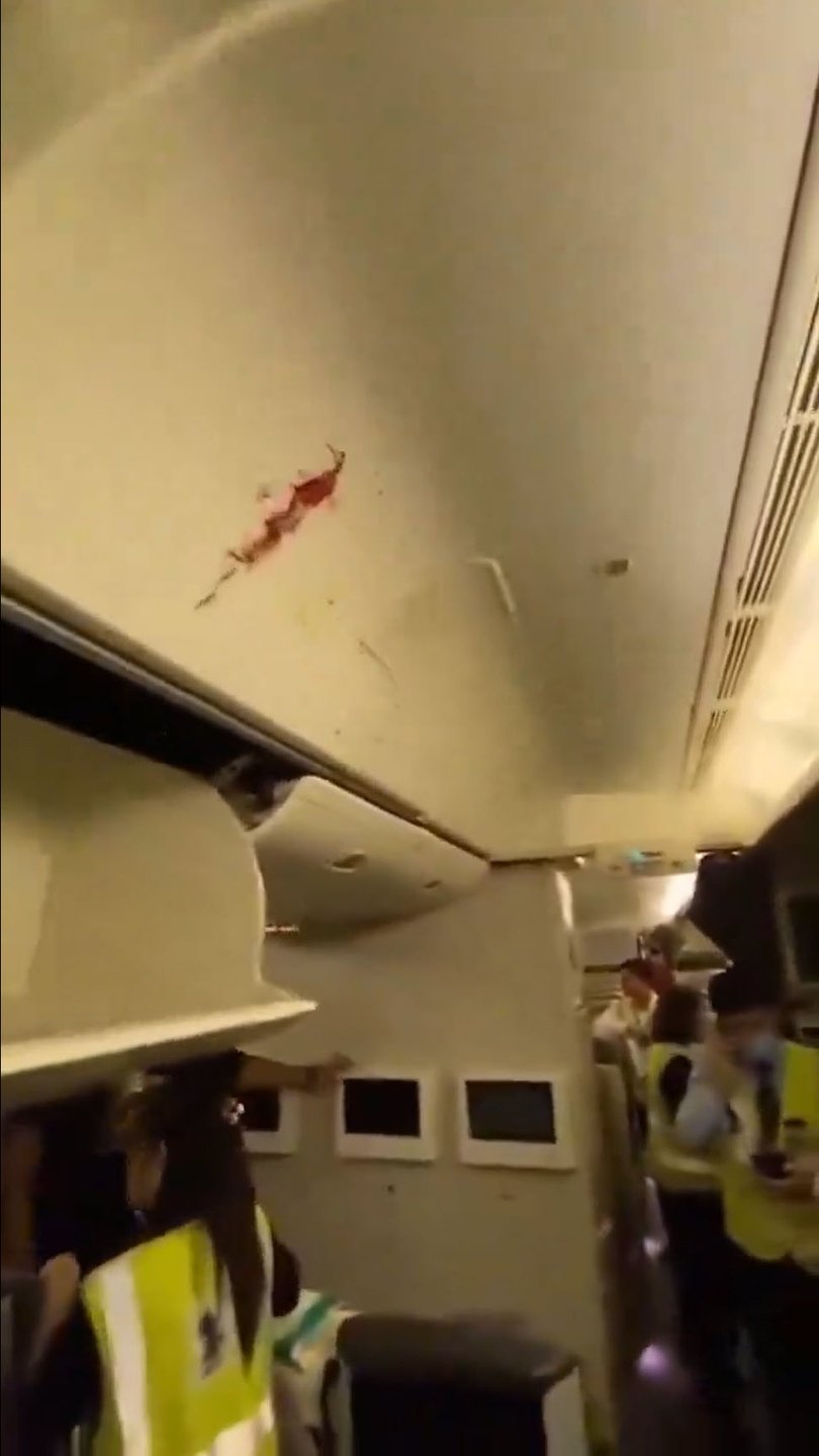 Blood can be seen on the ceiling of the cabin. 