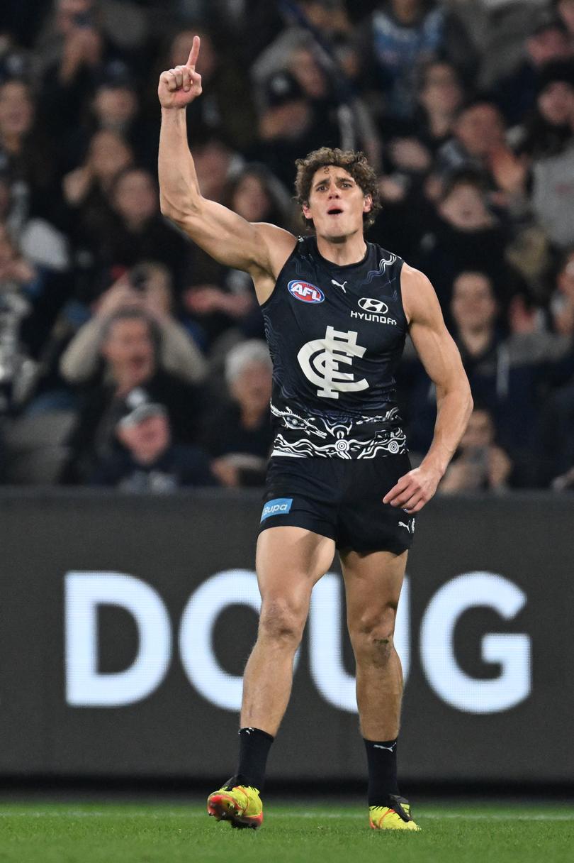 Charlie Curnow celebrates a goal.