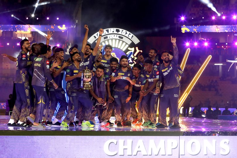 CHENNAI, INDIA - MAY 26: Players of Kolkata Knight Riders celebrate with the trophy after their victory against the Sunrisers Hyderabad in the 2024 IPL Final match between the Kolkata Knight Riders and Sunrisers Hyderabad at MA Chidambaram Stadium on May 26, 2024 in Chennai, India. (Photo by Pankaj Nangia/Getty Images)