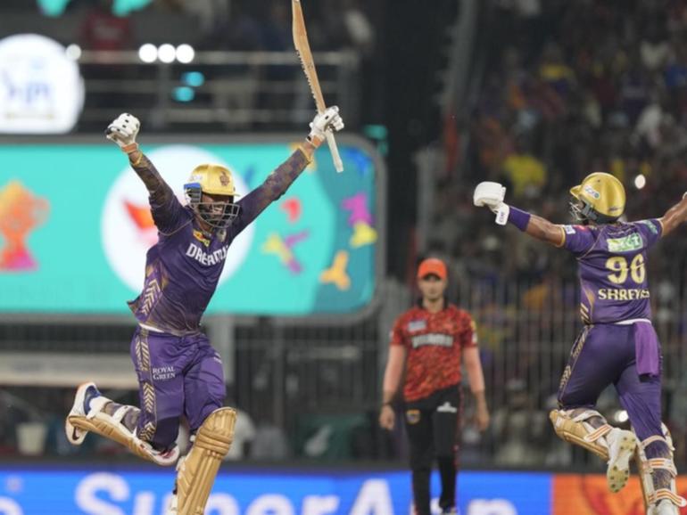 Knight Riders' captain Shreyas Iyer (left), with teammate Venkatesh Iyer, celebrate victory. (AP PHOTO)