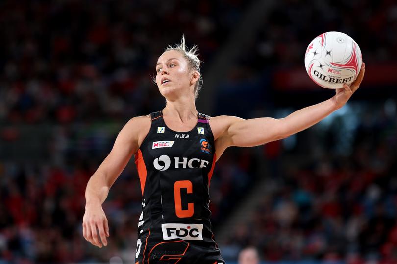 SYDNEY, AUSTRALIA - MAY 19:  Jamie-Lee Price of the Giants catches the ball during the round six Super Netball match between NSW Swifts and Giants Netball at Ken Rosewall Arena, on May 19, 2024, in Sydney, Australia. (Photo by Matt King/Getty Images)
