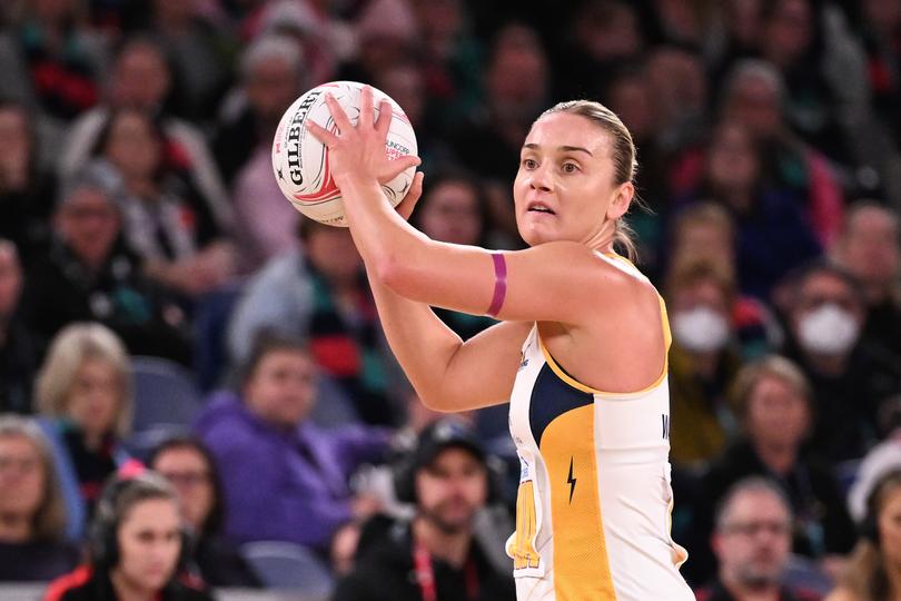 MELBOURNE, AUSTRALIA - MAY 18: Liz Watson of the Lightning zlpduring the round six Super Netball match between Melbourne Vixens and Sunshine Coast Lightning at John Cain Arena, on May 18, 2024, in Melbourne, Australia. (Photo by Daniel Pockett/Getty Images)