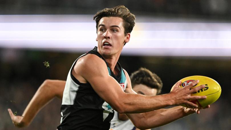 Port Adelaide skipper Connor Rozee remains in doubt for the clash with the Blues. (Michael Errey/AAP PHOTOS)