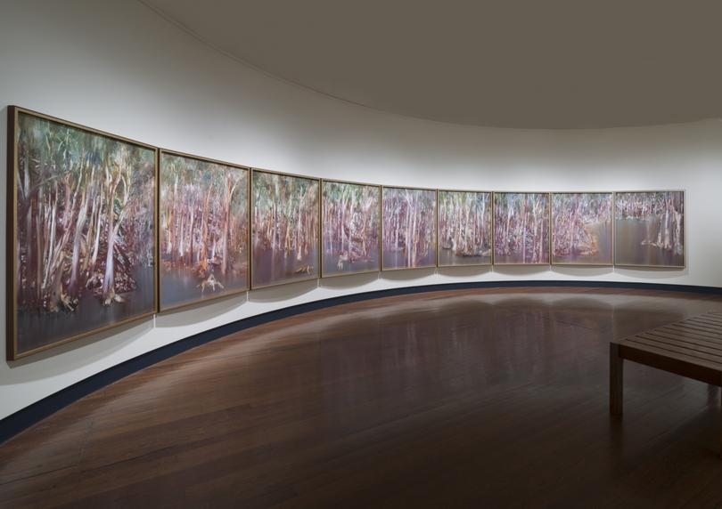 Installation view of Riverbend (1964-65) by Sidney Nolan at ANU Drill Hall Gallery, courtesy of the Australian National University Art Collection. Photograph: Rob Little.