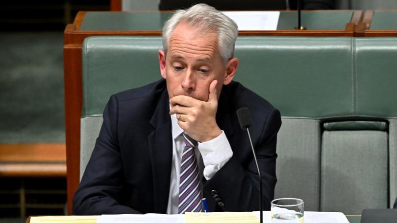 Australian Immigration Minister Andrew Giles reacts during Question Time at Parliament House in Canberra, Wednesday, May 29, 2024. (AAP Image/Lukas Coch) NO ARCHIVING