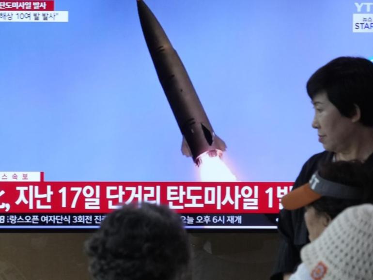 North Korea has fired a barrage of suspected short-range ballistic missiles, South Korea says. (AP PHOTO)