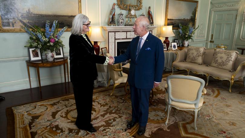 King Charles III meets with Governor-General Designate of the Commonwealth of Australia, Ms Samantha Mostyn AO during a private audience at Buckingham Palace on May 29, 2024, in London, England. 