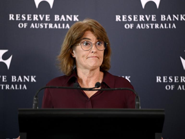 Reserve Bank Governor Michele Bullock speaks to the media during a press conference in Sydney, Tuesday, May 7, 2024. (AAP Image/Bianca De Marchi) NO ARCHIVING