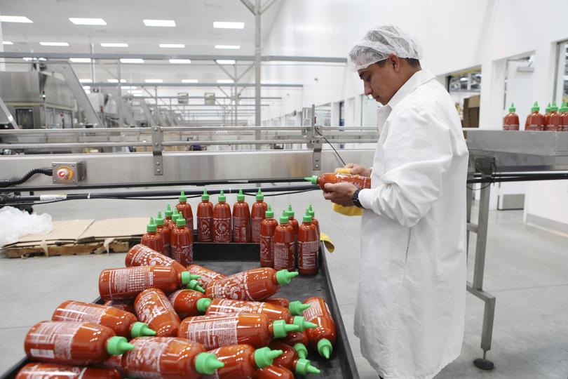 A production line of Sriracha hot sauce at Huy Fong Foods in Irwindale, Calif., on April 28, 2014.