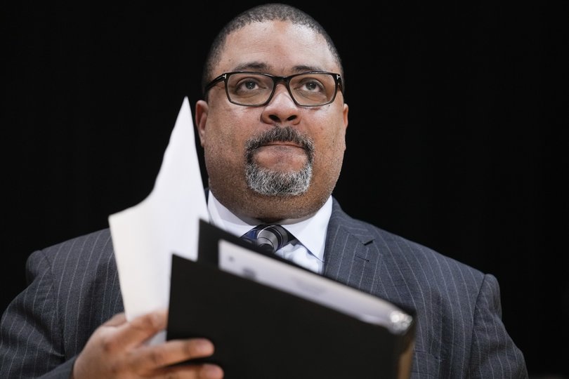 FILE - Manhattan District Attorney Alvin Bragg listens at news conference in New York, Feb. 7, 2023. A former civil rights lawyer and law professor, Bragg is a Democrat in his first term as Manhattan's district attorney. He inherited the Donald Trump investigation when he took office in 2021. He oversaw the prosecution of Trump's company in an unrelated tax fraud case before moving to indict Trump last year. (AP Photo/Seth Wenig, File)