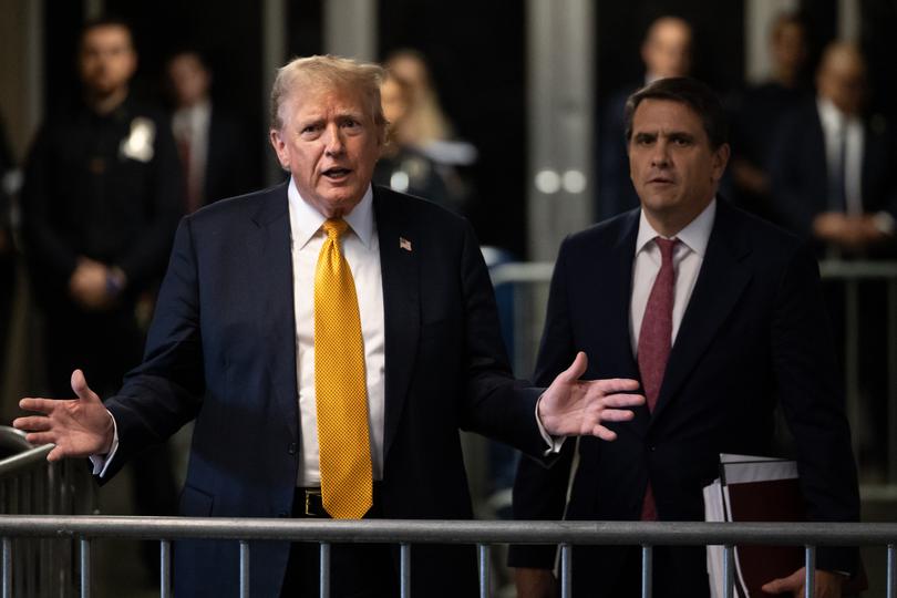 NEW YORK, NEW YORK - MAY 29:  Former U.S. President Donald Trump speaks to the media after leaving his hush money trial at Manhattan Criminal Court on May 29, 2024 in New York City. Judge Juan Merchan gave the jury their instructions, and deliberations began today. The former president faces 34 felony counts of falsifying business records in the first of his criminal cases to go to trial. (Photo by Yuki Iwamura-Pool/Getty Images)