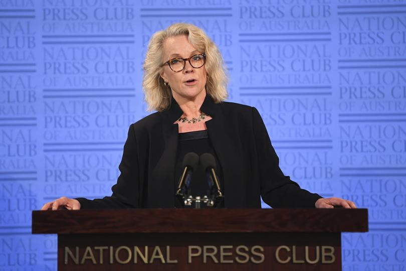 Newly elected President of the National Press Club Laura Tingle speaks ahead of Australian Prime Minister Scott Morrison addressing the National Press Club in Canberra, Monday, February 1, 2021. (AAP Image/Lukas Coch) NO ARCHIVING