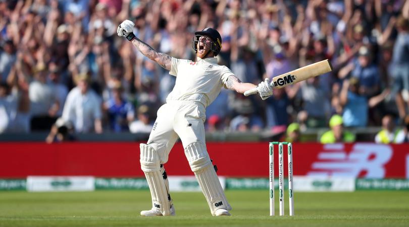 LEEDS, ENGLAND - AUGUST 25: Ben Stokes of England celebrates hitting the winning runs to win the 3rd Specsavers Ashes Test match between England and Australia at Headingley on August 25, 2019 in Leeds, England. (Photo by Gareth Copley/Getty Images) Gareth Copley