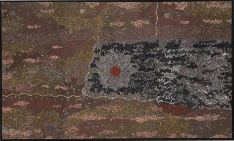 Warlugulong (1977) by Clifford Possum Tjapaltjarri Â© the estate of the artist, licensed by Aboriginal Artists Agency Ltd. Collection: National Gallery of Australia, Kamberri/Canberra.