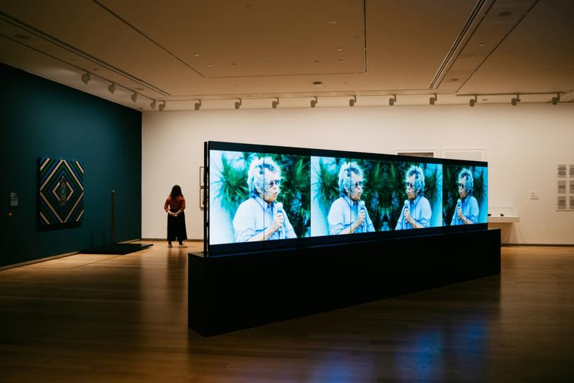  Installation view of tall man (2010) by Vernon Ah Kee, as part of Ever Present: First Peoples Art of Australia, at the Auckland Art Gallery Toi o Tāmaki, 2023. Collection: National Gallery of Australia, Kamberri/Canberra. Photograph: David St George
 
Credit: National Gallery of Australia, Kamberri/Canberra. Photograph: David St George