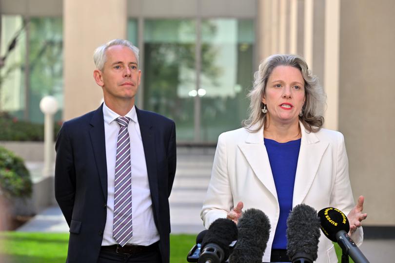 Minister for Immigration Andrew Giles and Minister for Home Affairs Clare O’Neil at a press conference at Parliament House in Canberra, Wednesday, March 27, 2024. (AAP Image/Mick Tsikas) NO ARCHIVING